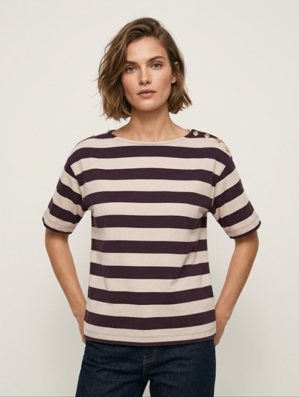 Ann Taylor Weekend Striped Top Dark Burgundy Cream SP Cotton